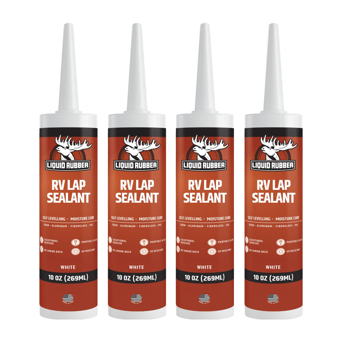 Liquid Rubber front packaging of 4-pack RV lap sealant showing tubes and label benefit