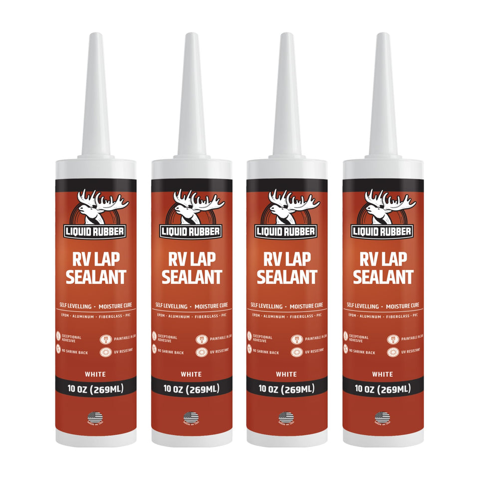 Liquid Rubber front packaging of 4-pack RV lap sealant showing tubes and label benefit
