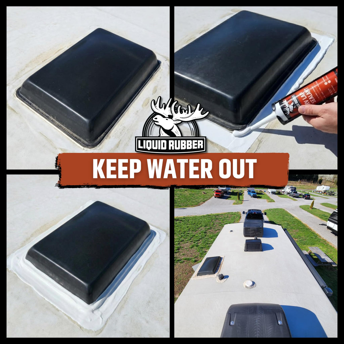 Liquid Rubber being applied around an RV vent showing waterproofing benefit