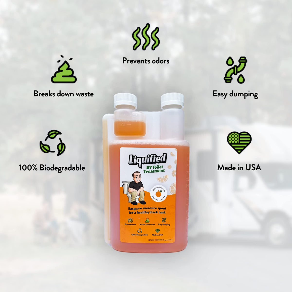 Liquified RV Toilet Treatment tilted bottle angle highlighting label