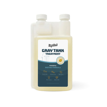 Liquified RV Toilet Treatment front bottle showing lemon scent and clear benefits