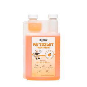 Liquified RV Toilet Treatment front label shows product and benefits