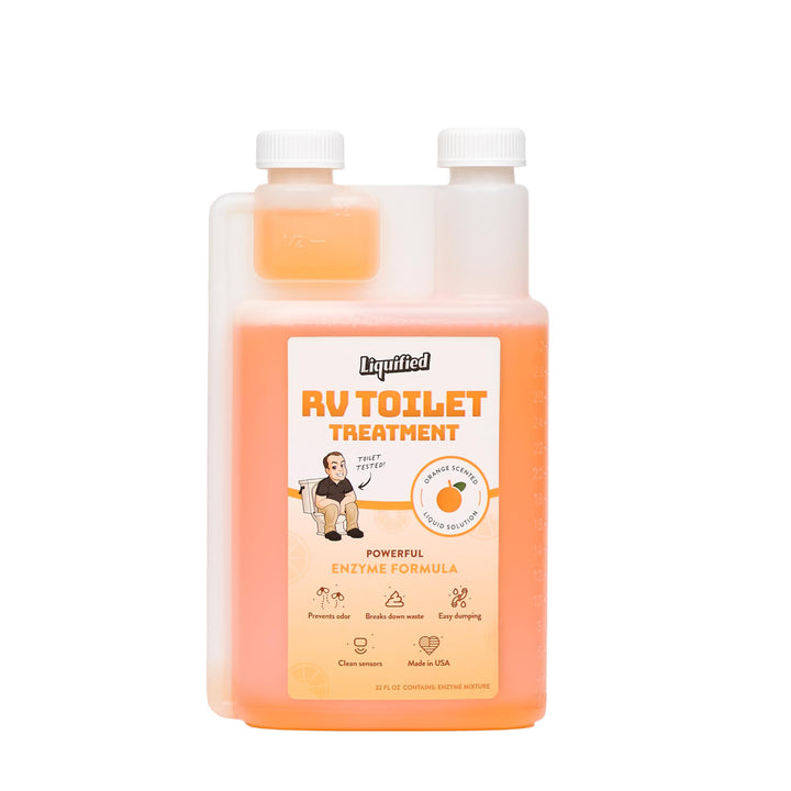 Liquified RV Toilet Treatment front label shows product and benefits