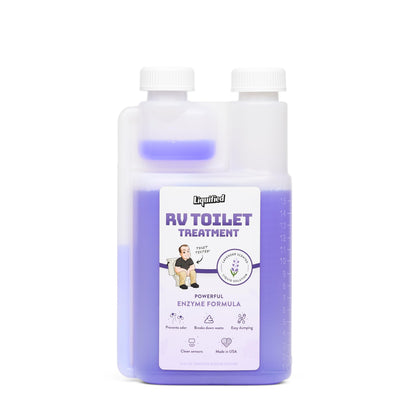 Liquified RV Toilet Treatment front packaging shows lavender scent and 16oz benefit