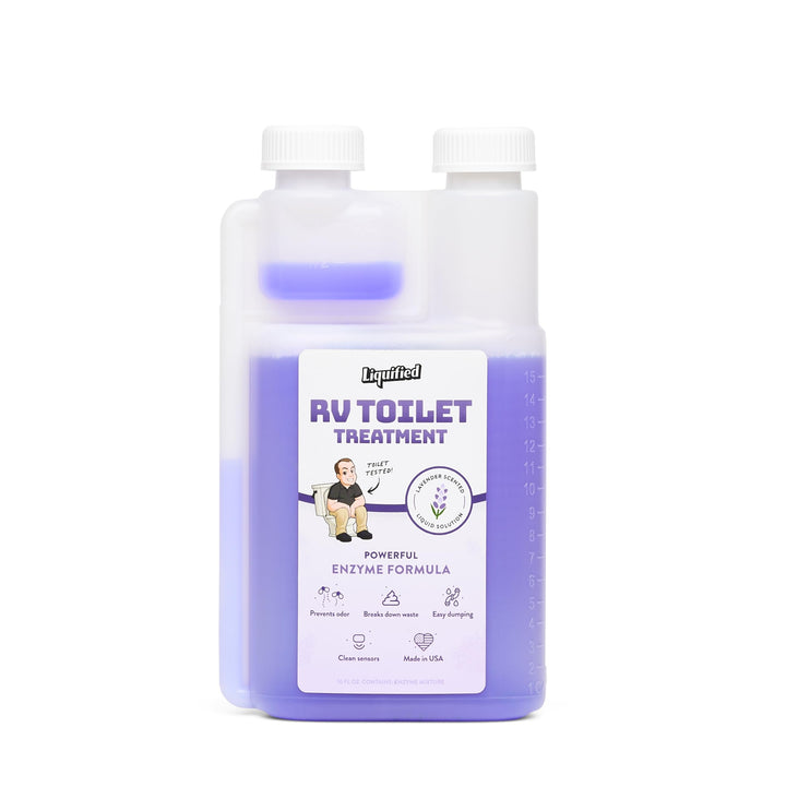 Liquified RV Toilet Treatment front packaging shows lavender scent and 16oz benefit