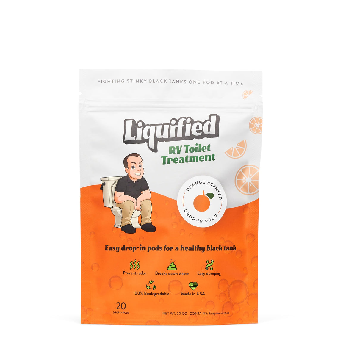 Liquified RV Toilet Treatment front packaging showing 20 pods and benefits