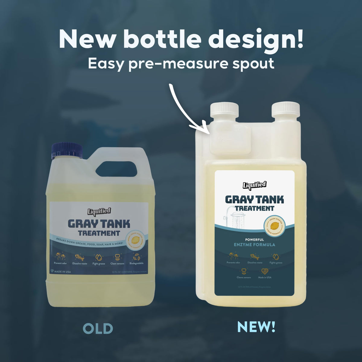 Liquified RV Toilet Treatment label close-up with directions and ingredient benefits