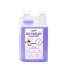 Liquified RV Toilet Treatment front label showing lavender scent and 32oz, clear product ID benefit