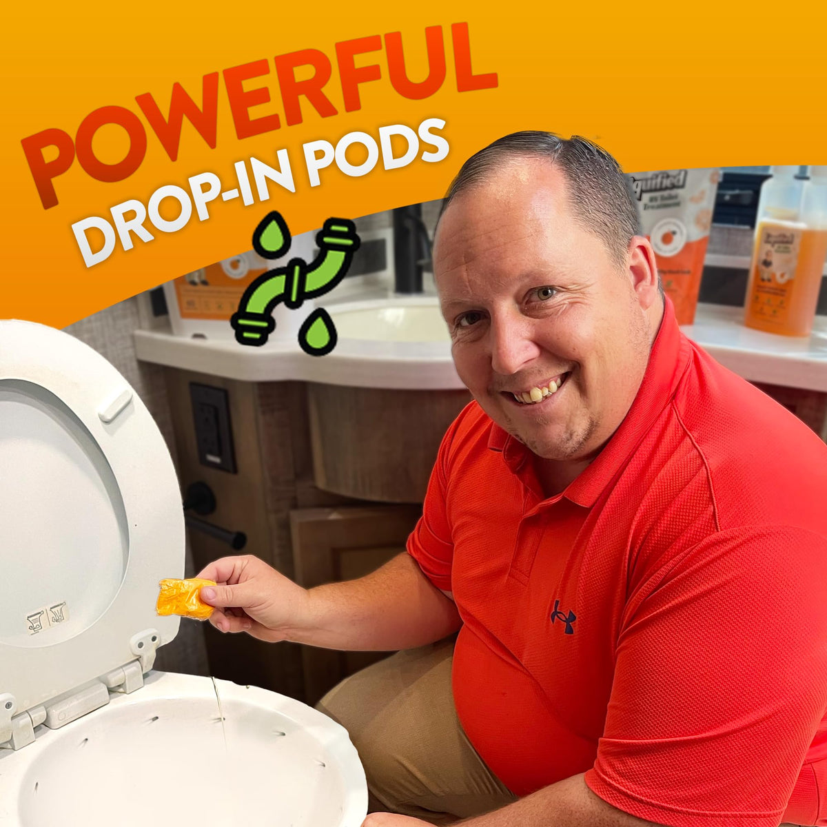 Liquified pod dissolving in water demonstrating waste breakdown action