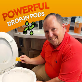 Liquified pod dissolving in water demonstrating waste breakdown action