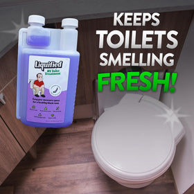 Pouring Liquified treatment into RV toilet bowl, showing simple application benefit