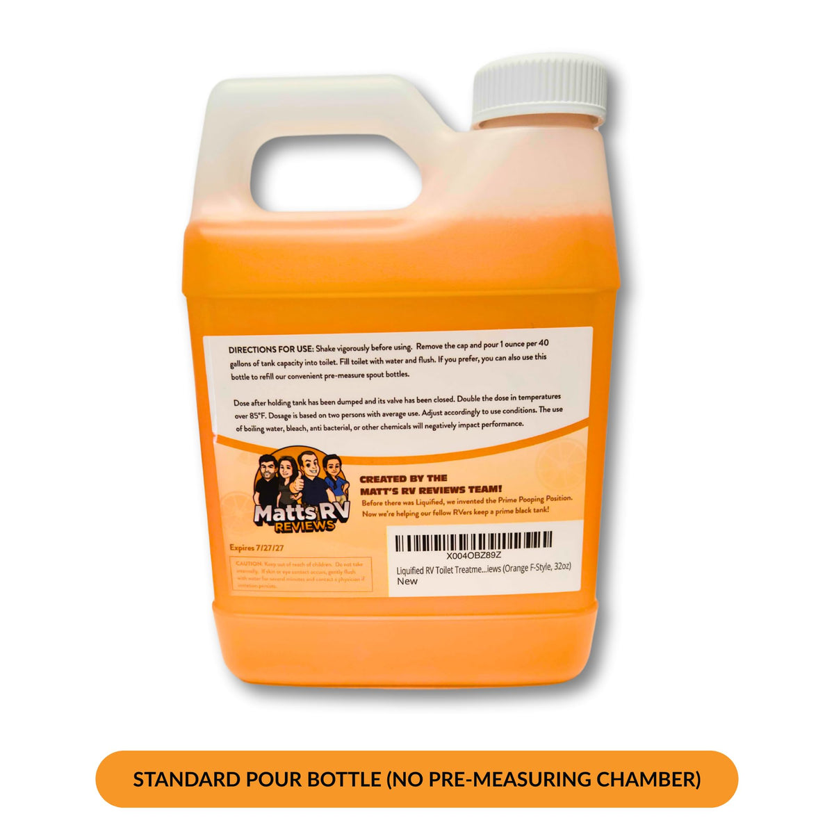 Liquified RV bottle label highlighting orange scent and biodegradable benefit