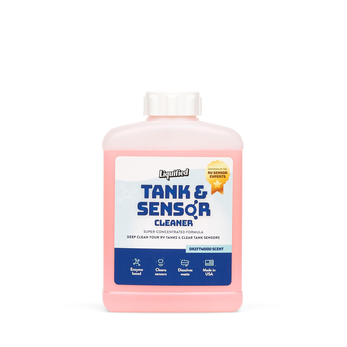 Liquified RV front bottle shot showing label and concentrated cleaner benefit