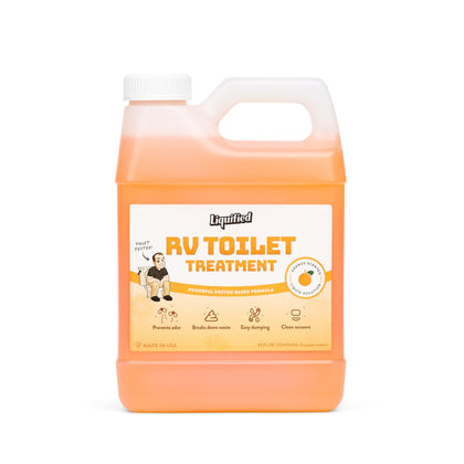 Liquified RV front packaging with clear label and orange scent benefit
