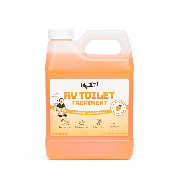 Liquified RV front packaging with clear label and orange scent benefit