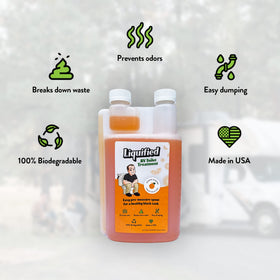 Close-up of Liquified RV Toilet Treatment bottle texture and cap for easy pouring benefit