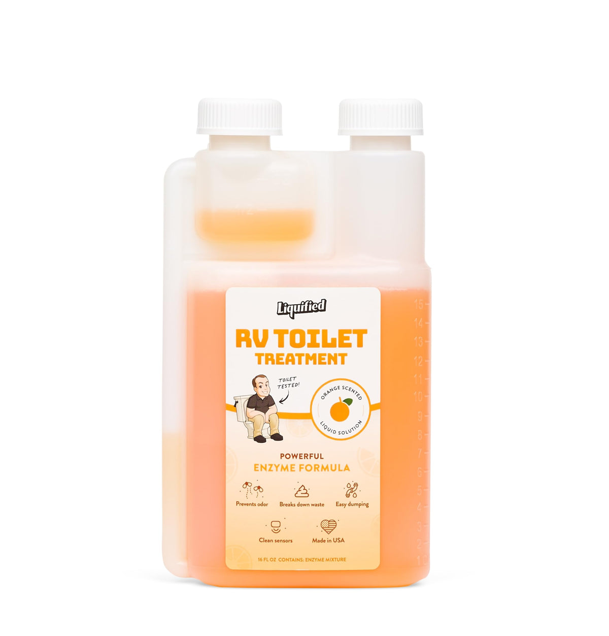 Liquified RV Toilet Treatment front label showing product and orange scent benefit