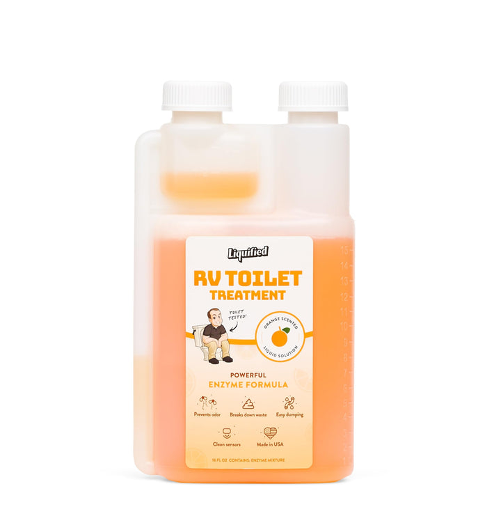 Liquified RV Toilet Treatment front label showing product and orange scent benefit
