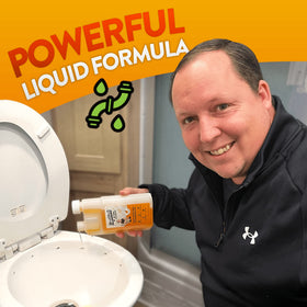 16oz Liquified RV Toilet Treatment next to a measuring cup showing compact travel-friendly benefit