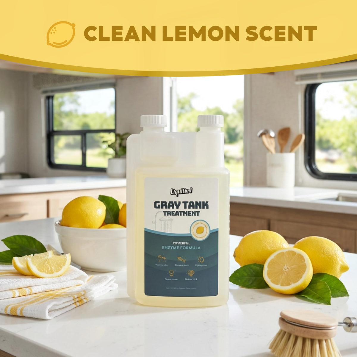 Liquified RV Toilet Treatment droplet texture highlighting enzyme strength benefit