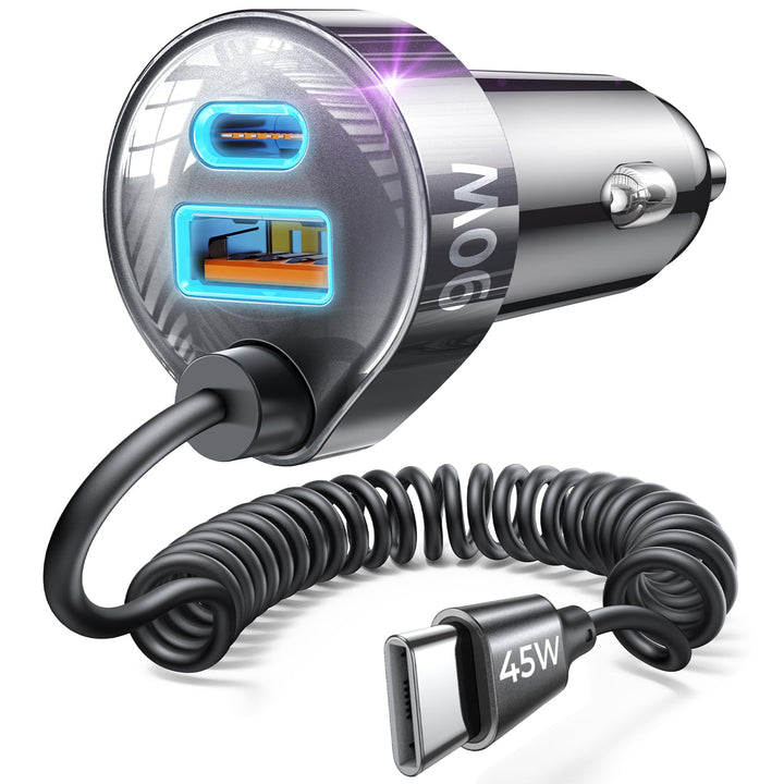 LISEN front view of 90W car charger showing compact design and port layout for easy use
