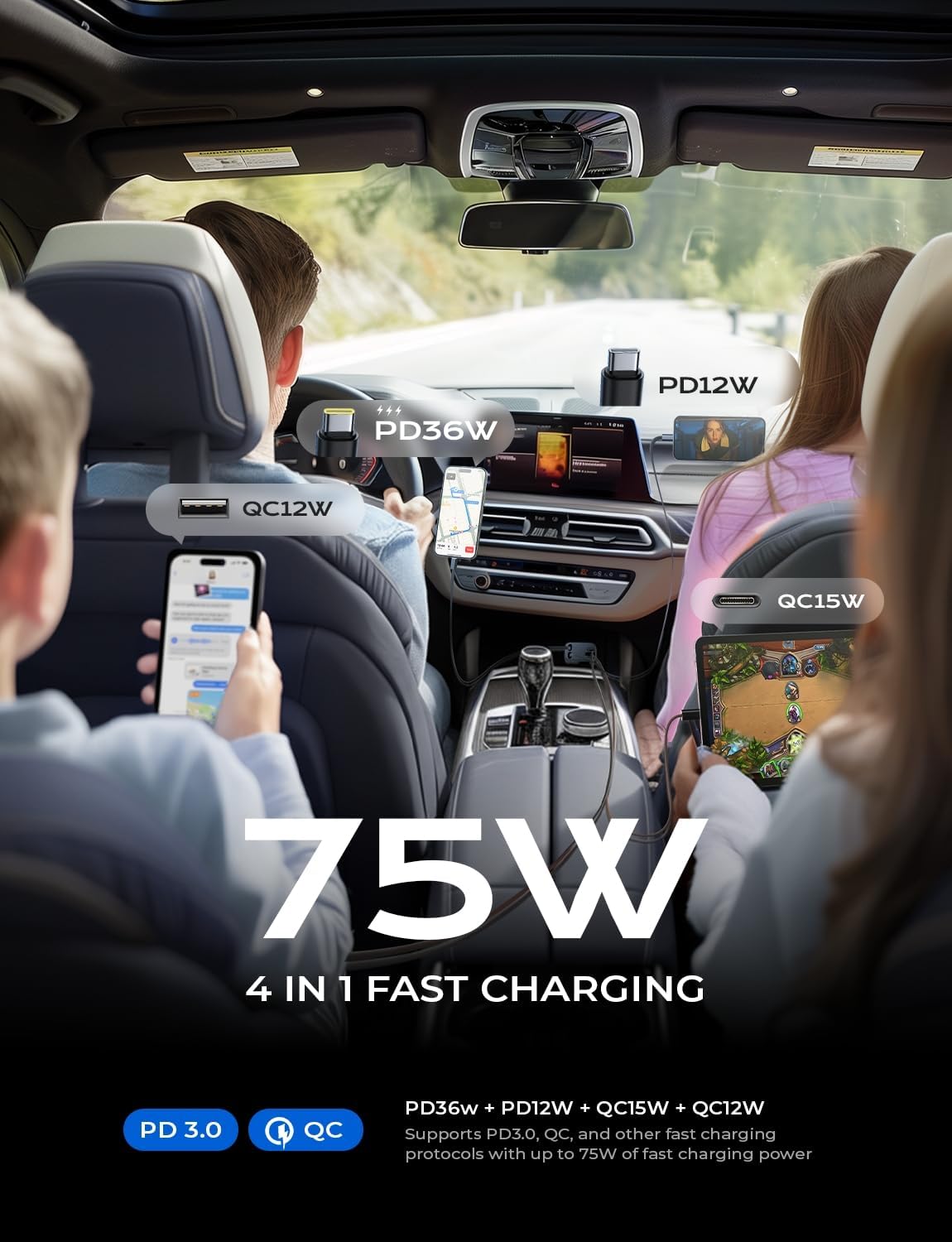 LISEN cables reaching back seat to charge rear passenger devices