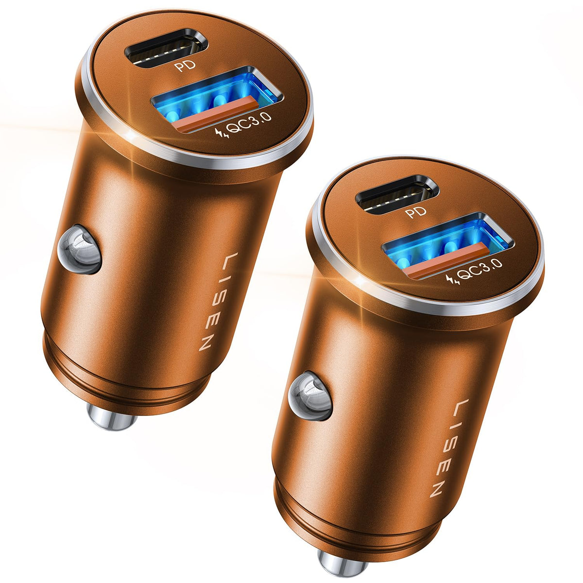 LISEN car charger front view showing ports and compact design for fast charging
