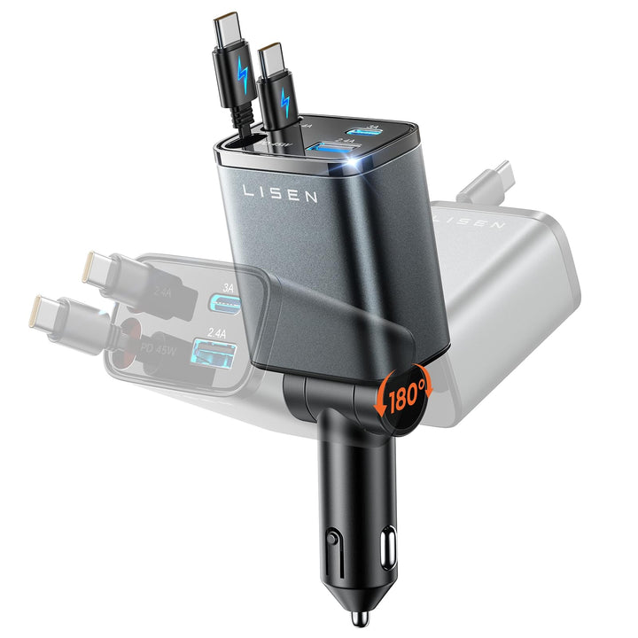 LISEN car charger front angle showing compact design and tidy look