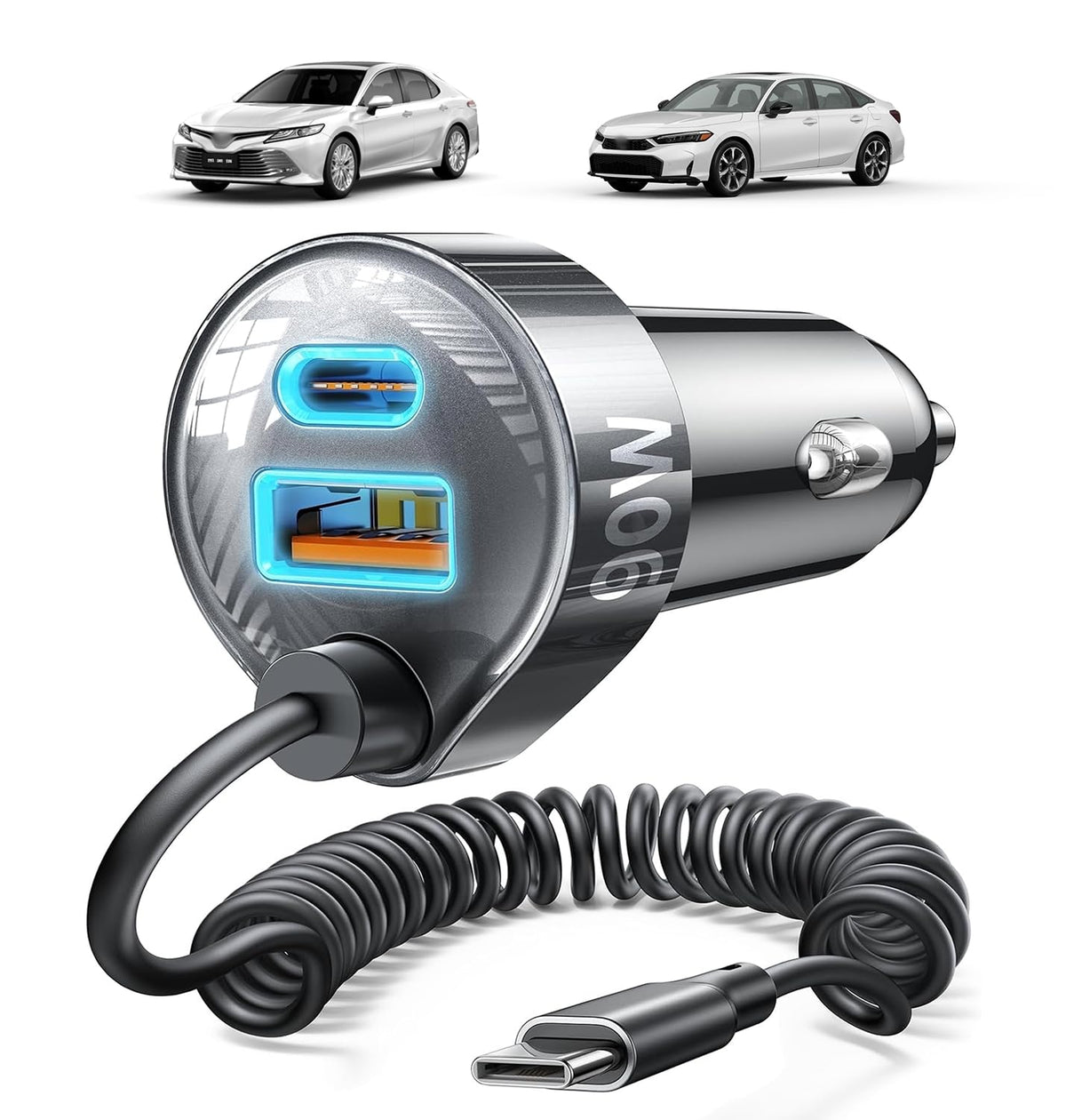 LISEN front view of car charger showing compact design and tidy setup benefit