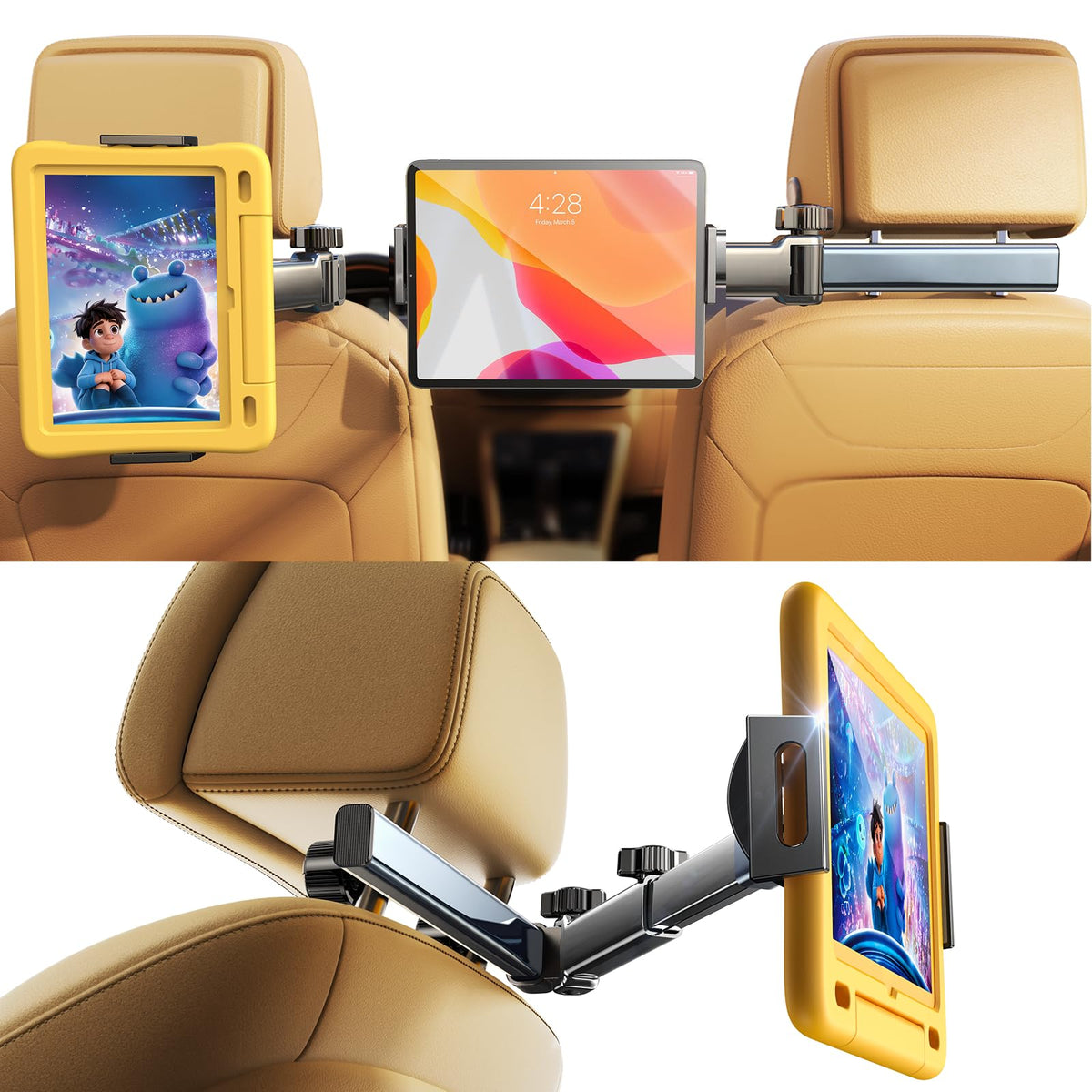 LISEN front view installed on headrest showing secure family entertainment