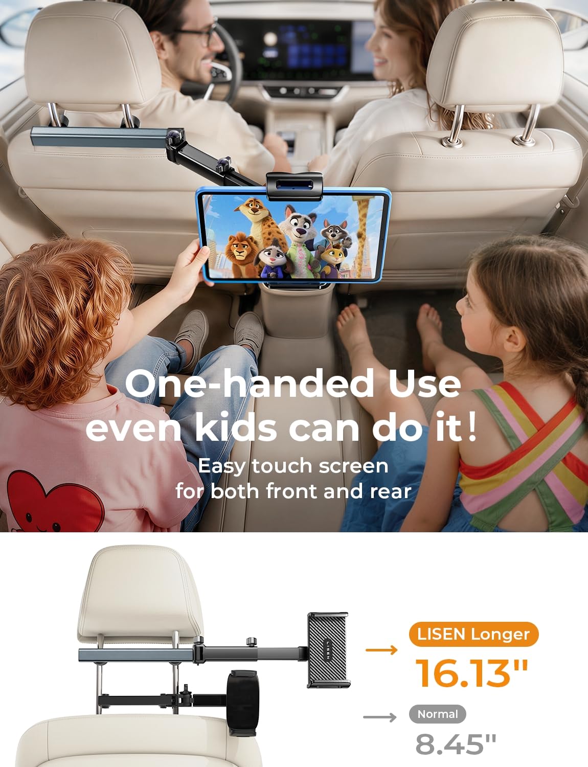 LISEN tablet in holder from back-seat showing comfortable viewing for kids