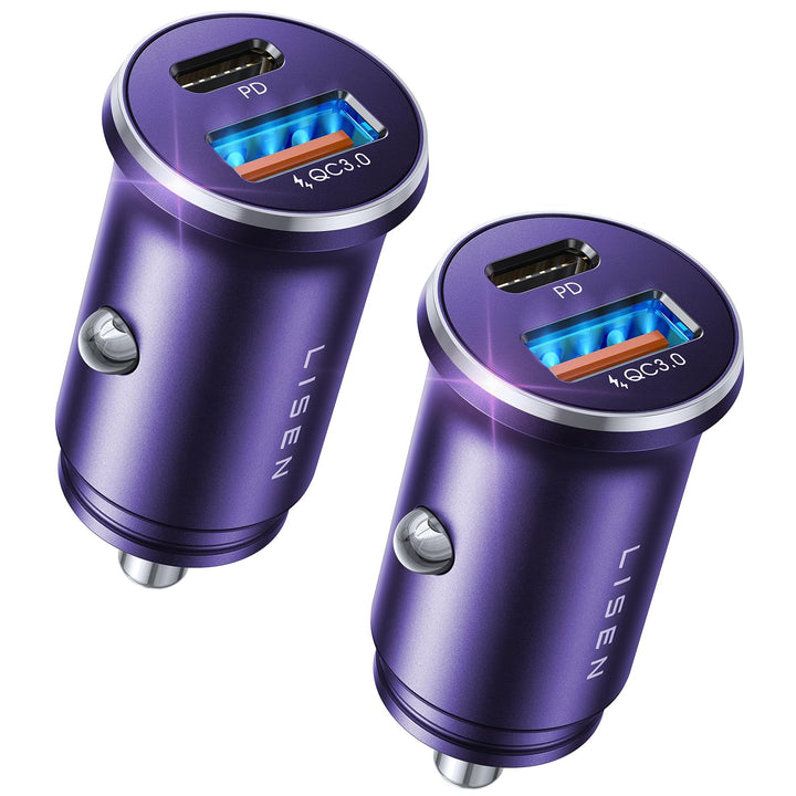 LISEN front view of USB C car charger showing compact profile and purple finish for convenience