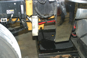 Lisle 38780 in use under transmission drain containing splatter and protecting shop floor