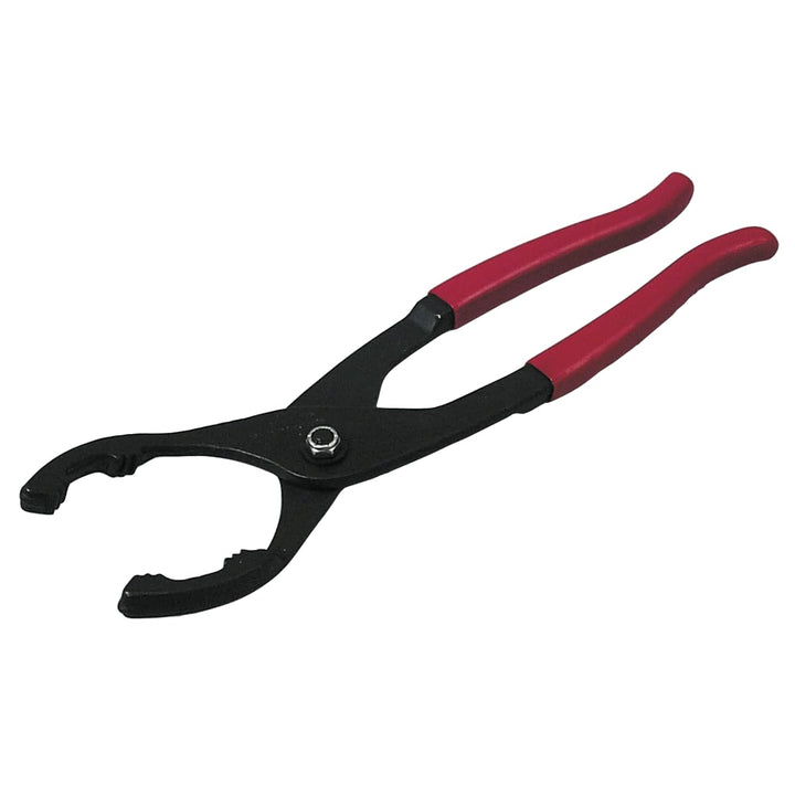 Lisle 50750 pliers front view showing angled jaws and sure-grip teeth for secure filter removal