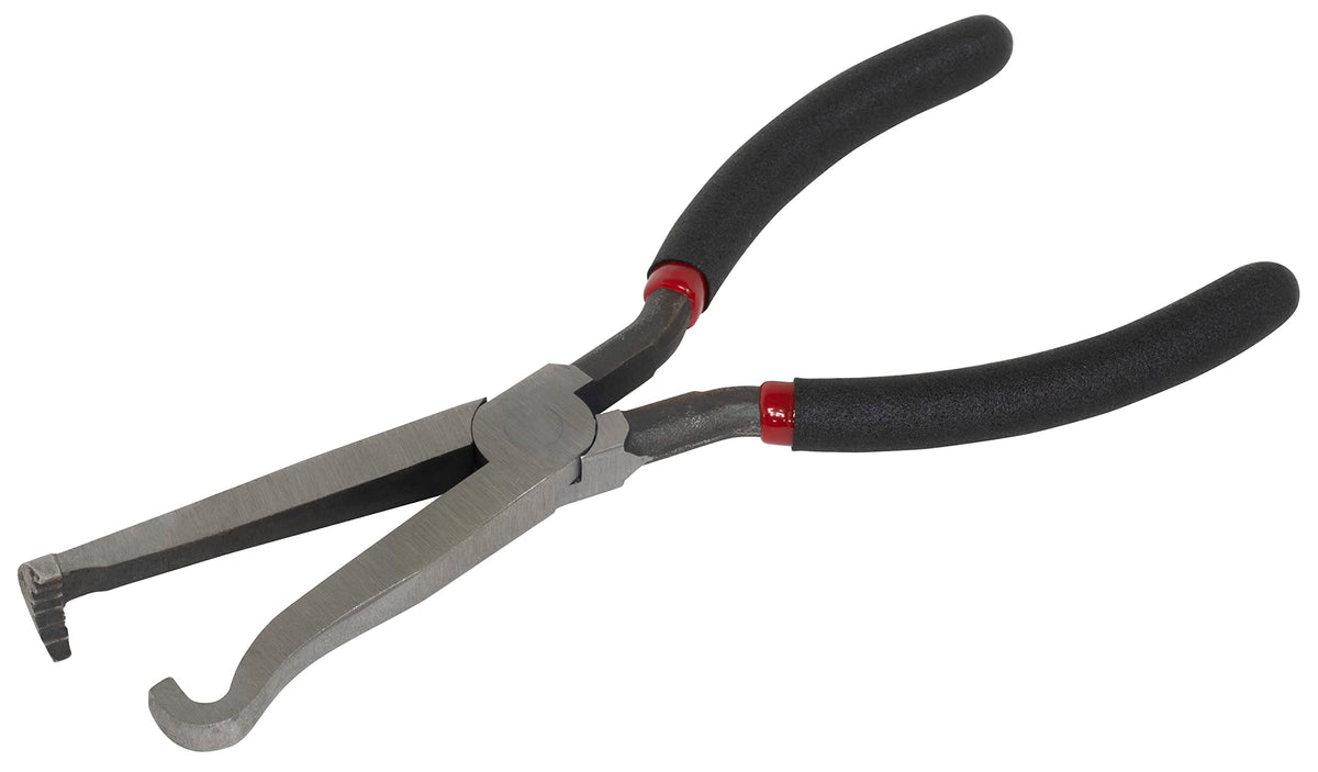 Lisle pliers front view showing hooked tip for safe connector release