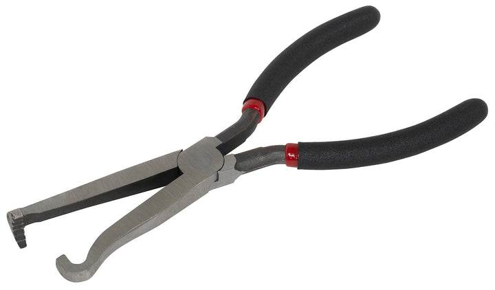 Lisle pliers front view showing hooked tip for safe connector release
