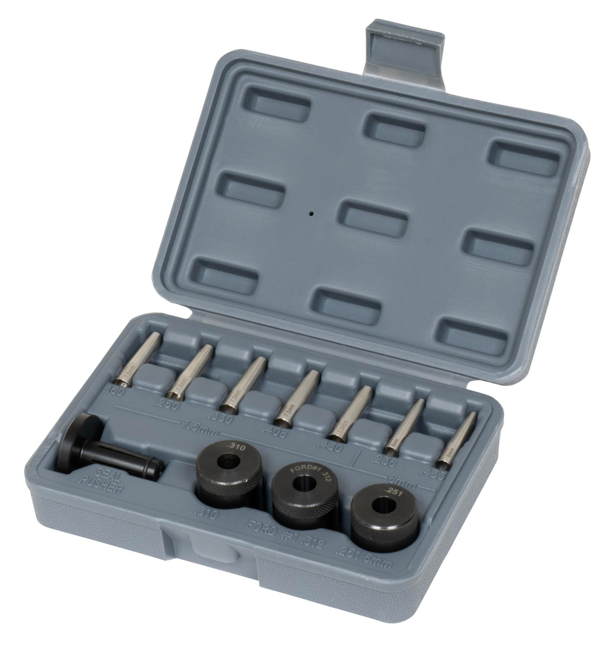 Lisle injector seal installer kit front view showing complete 11-piece set for accurate installs