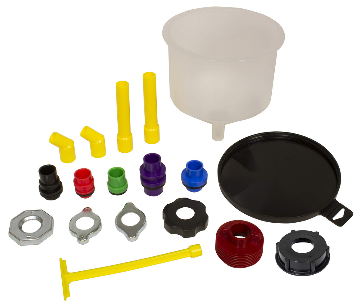 Lisle spill-free funnel front assembled showing clear funnel and adapters for cleaner fills