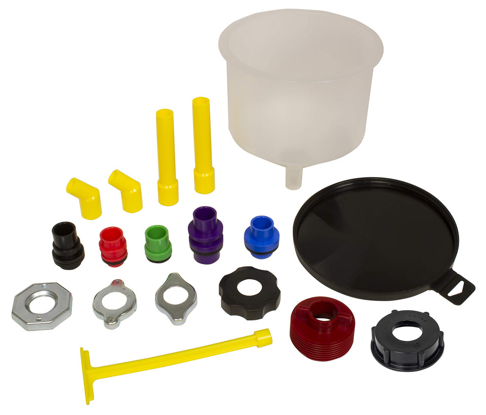 Lisle spill-free funnel front assembled showing clear funnel and adapters for cleaner fills