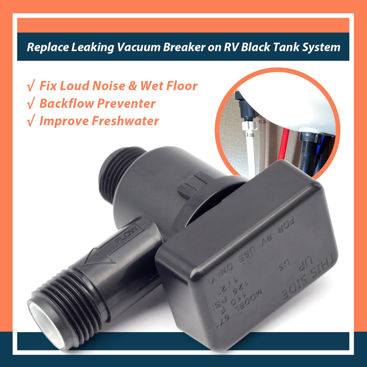Lisnhlin valve installed on RV black tank flush line demonstrating anti-backflow benefit