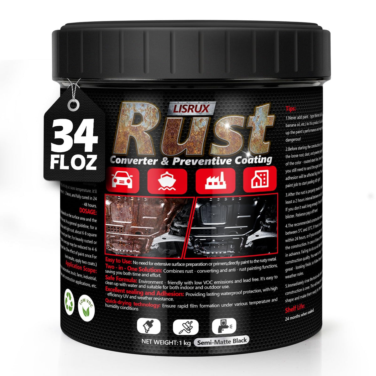 LISRUX front label on 34 fl oz can showing product identity and finish