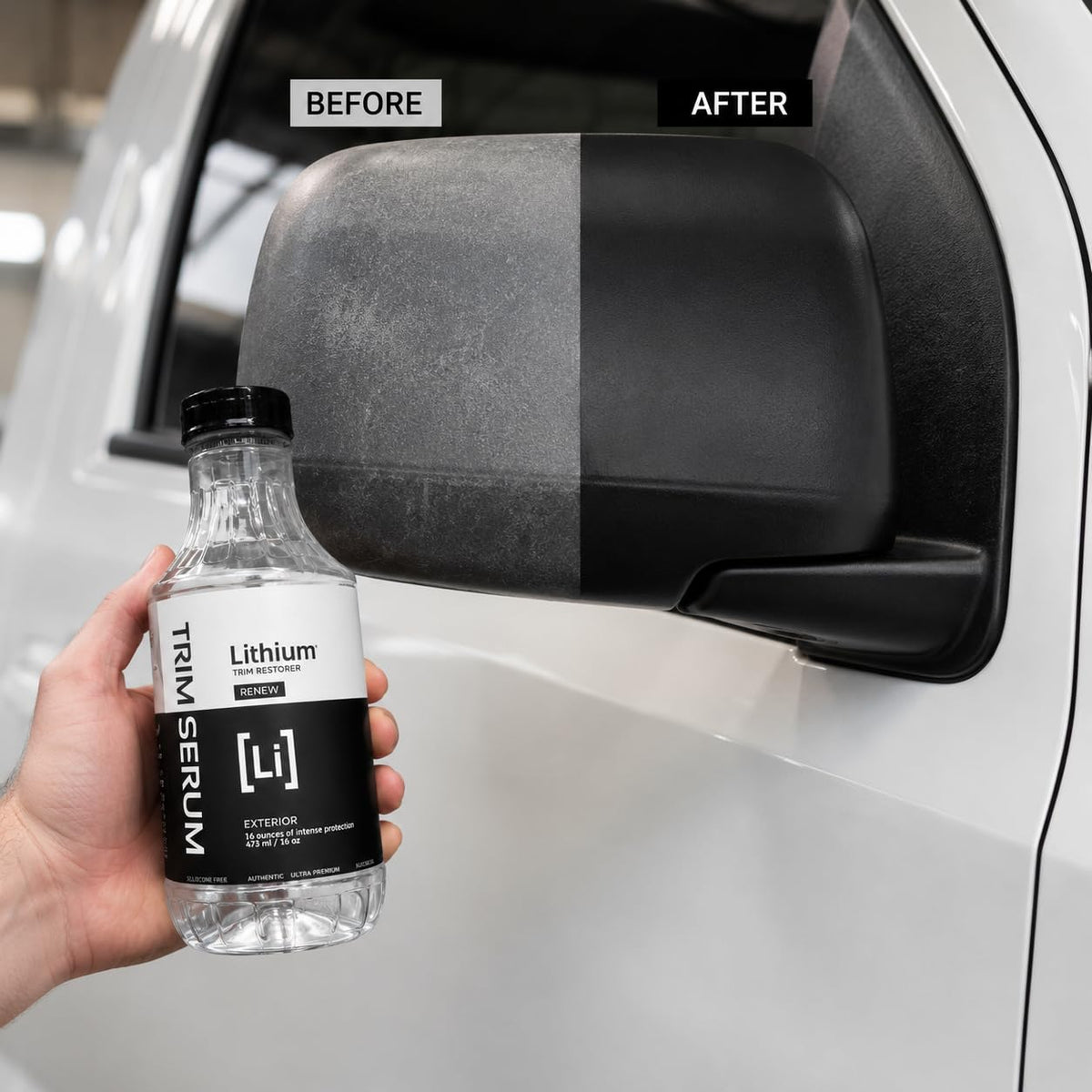 Lithium Auto Elixirs used during car detailing showing refreshed trim and improved look