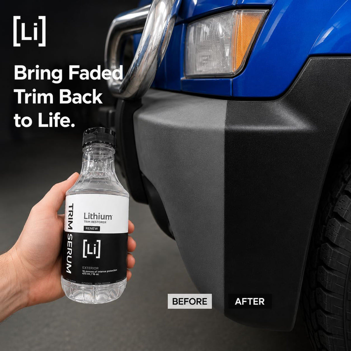 Lithium Auto Elixirs bottle in hand for scale showing 16 oz convenient size