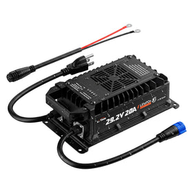 LiTime charger front view showing compact design and durable housing, ideal for marine use