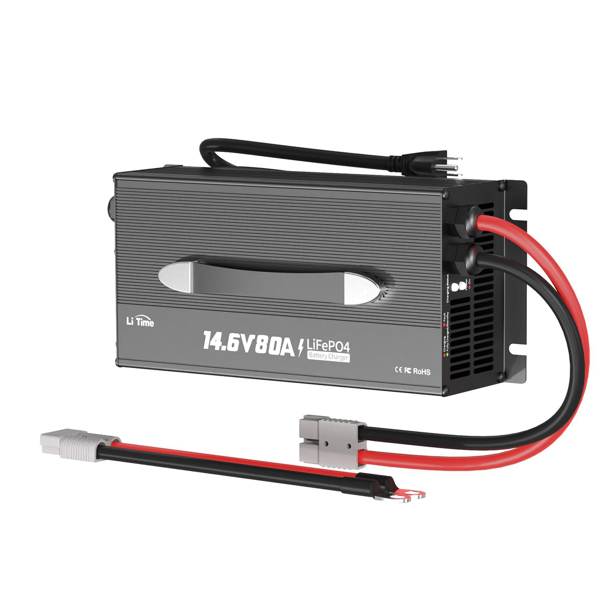 LiTime charger front panel showing connectors and LEDs for easy monitoring