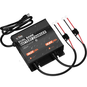 LiTime front view of dual-bank charger showing compact design and fast charging