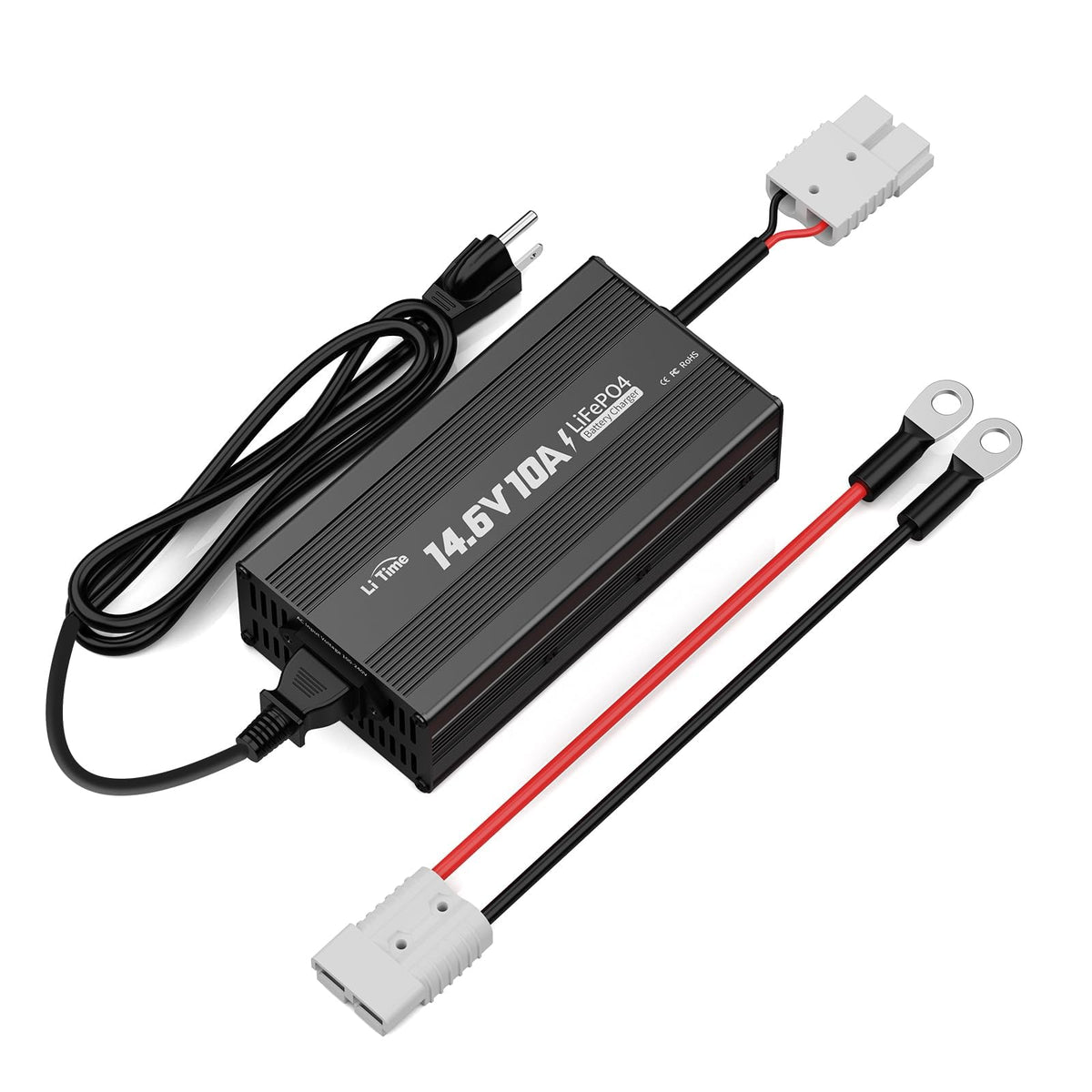LiTime front view of charger showing compact housing and benefits of portability