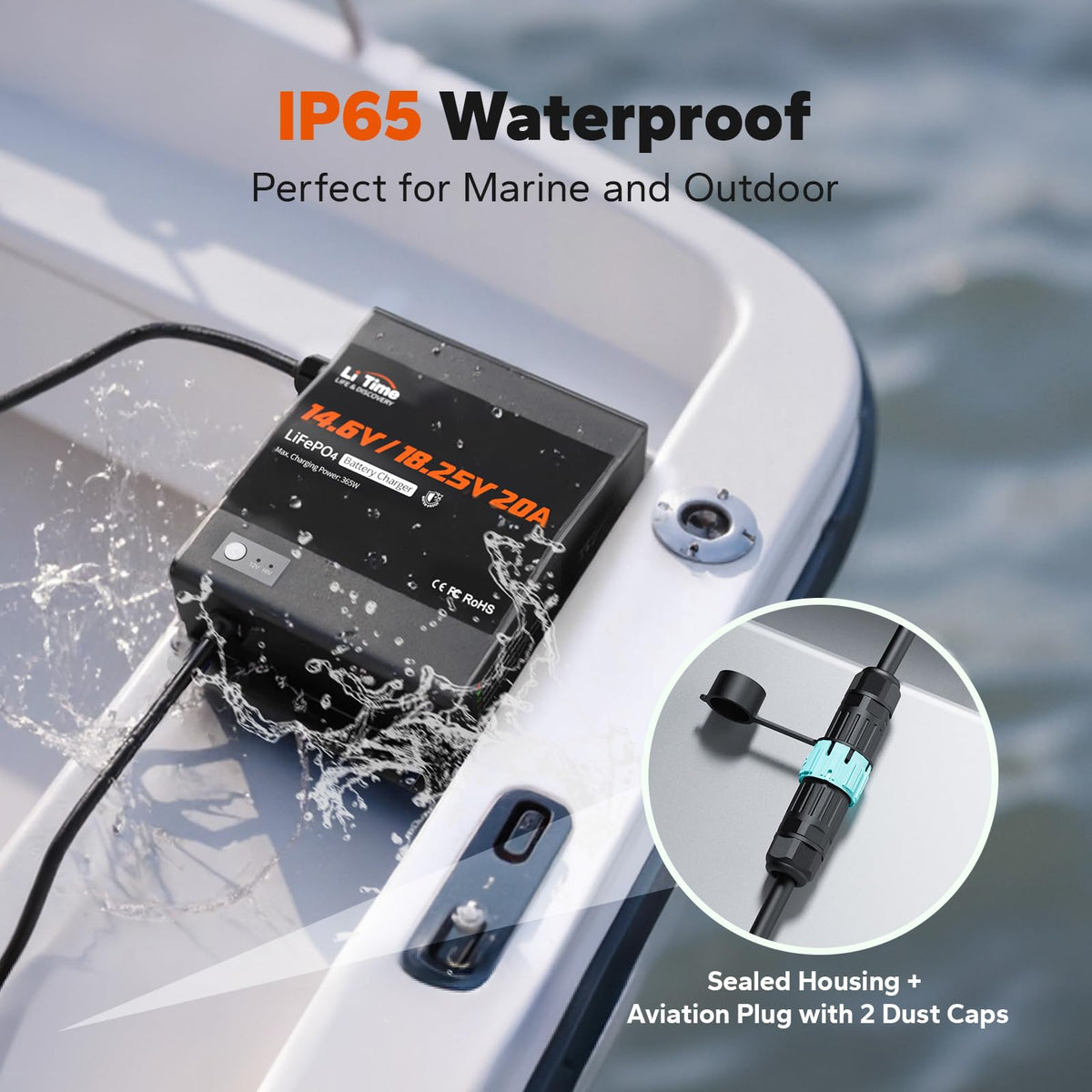 LiTime bright LED indicator close-up providing instant charge-status feedback