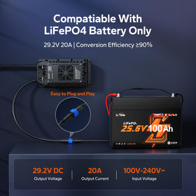 Litime charger beside an RV battery bank demonstrating portable power management