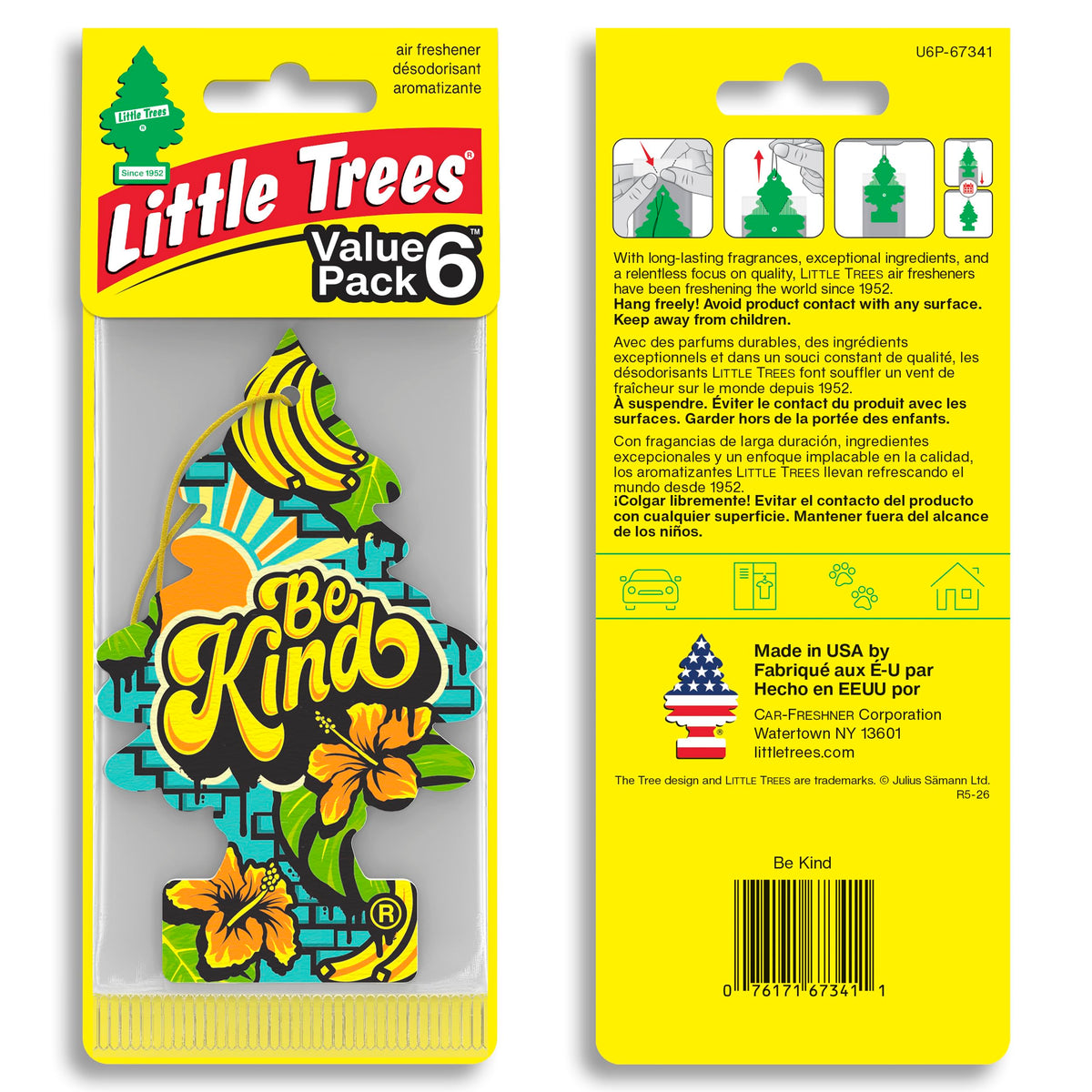 Close-up of a LITTLE TREES Be Kind tree revealing scent card detail